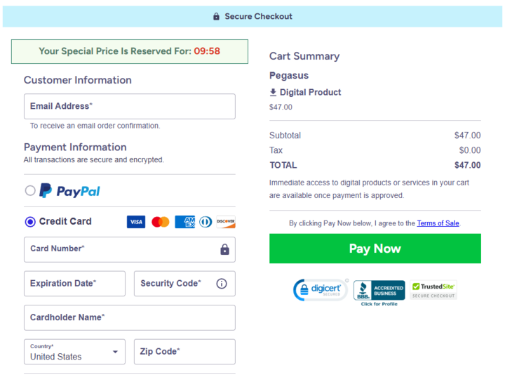 Pegasus Digital Income System secure checkout page